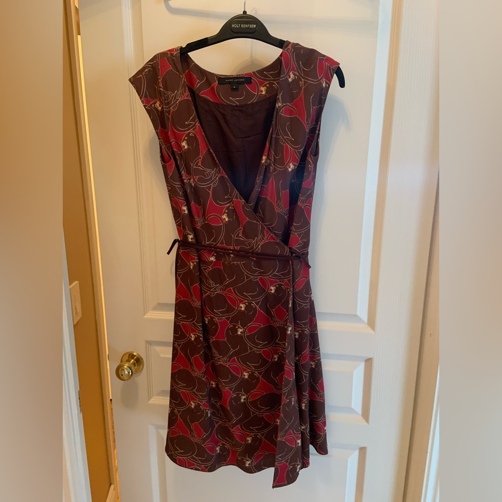 Marc Jacobs Brown and Red Panther Print Wrap Dress Size 8